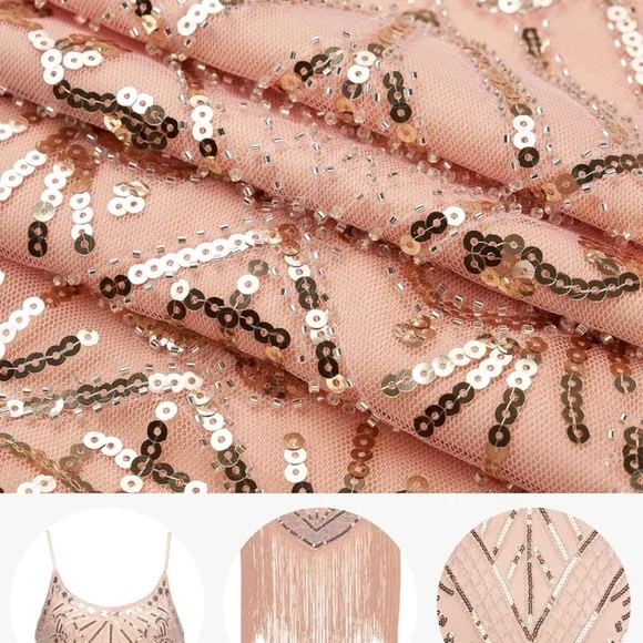 Blush Pink Art Deco Sequin Flapper Dress - Picture 4 of 7